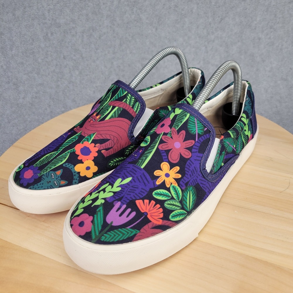 Inkkas Slip On Sneakers Womens 8.5 Navy Multicolor Floral Cat Print Canvas Shoes